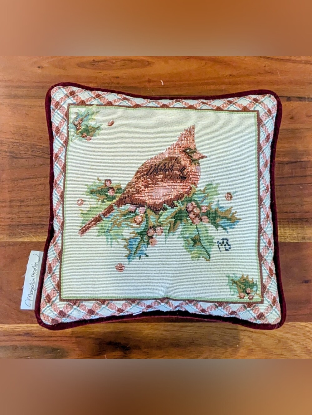 Christmas Cardinal Tapestry Pillow 8.5" Sq by Marjolein Bastin - PreOwned